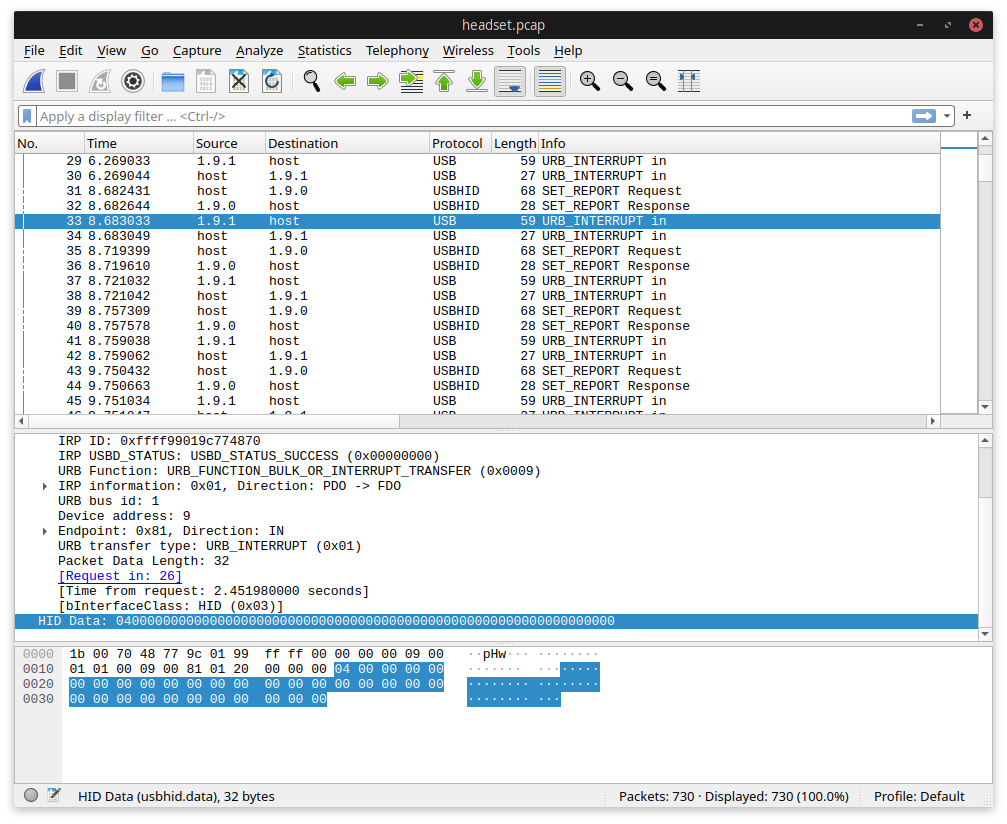 Wireshark, showing a packet capture of the headset's response to the earlier request